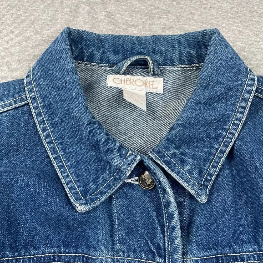 90s VTG Cherokee Denim Jacket Womens S Blue Jean Button Up Western Retro Preppy